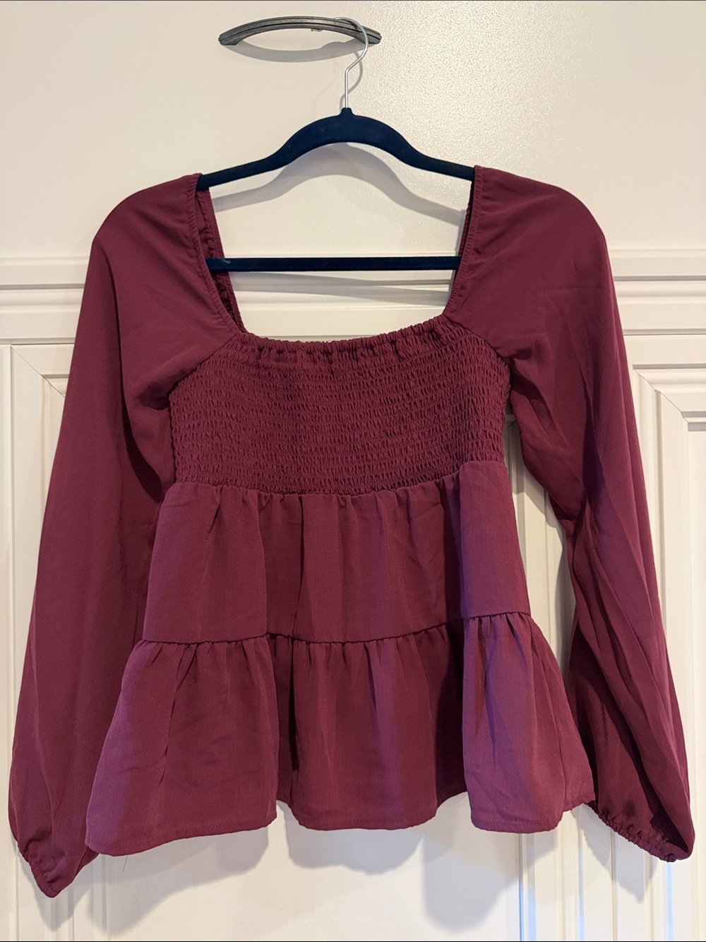 Paper Crane Burgundy Smocked Peasant Top S